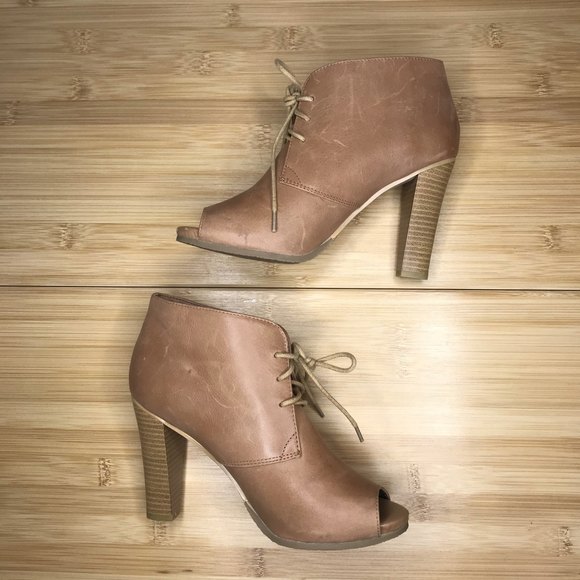 Ann Taylor LOFT Tan Genuine Leather Lace Up Peep Open Toe Heeled Booties sz 6.5 - Picture 6 of 9